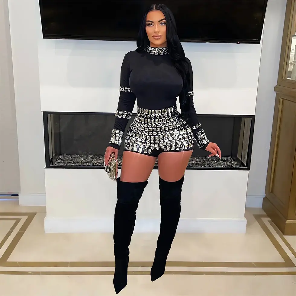 Thumbnail: Women Diamonds Hot Rhinestones Long Sleeve Short Jumpsuits