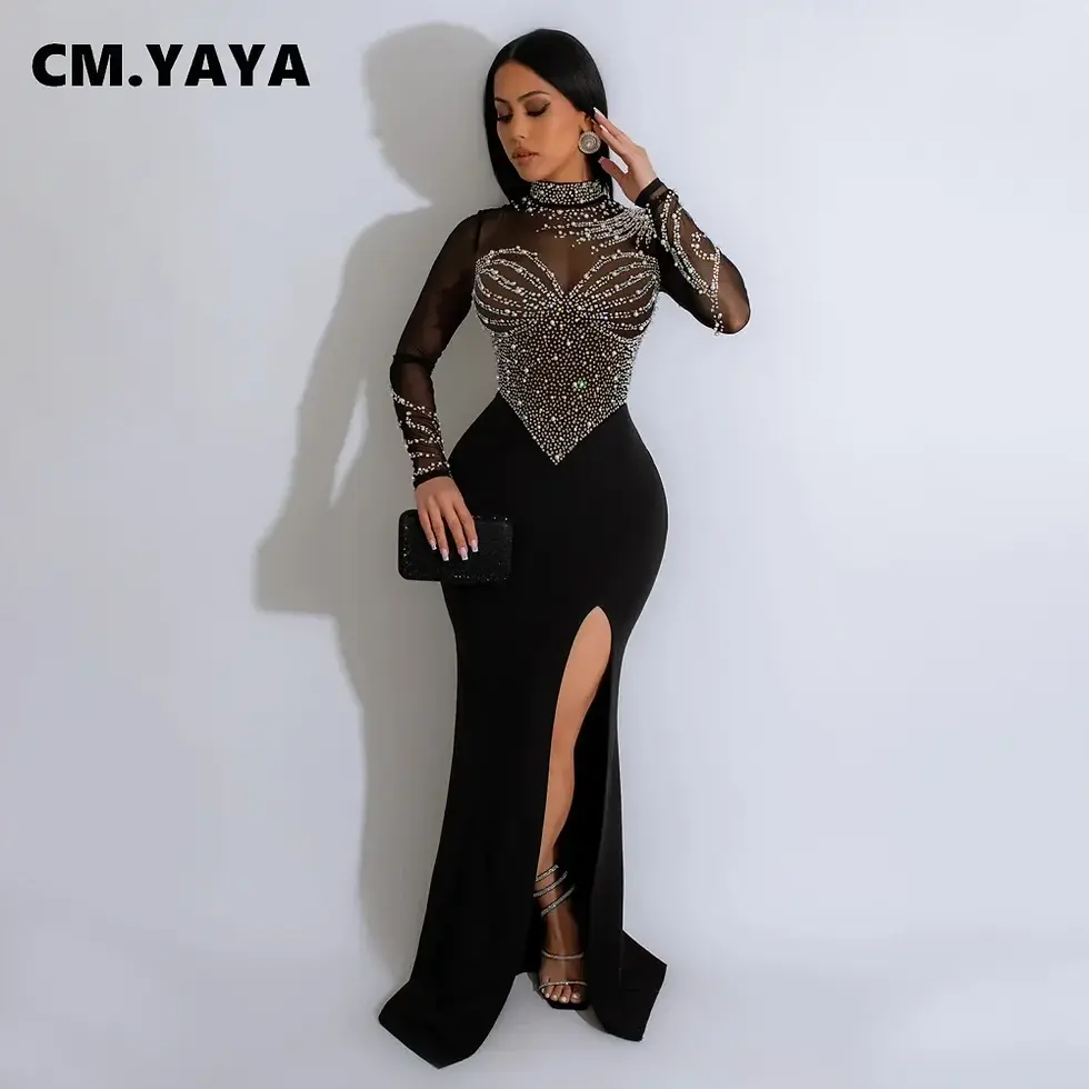 Thumbnail: Long Sleeve Diamonds Rhinestones High Side Split Mermaid Maxi Dress