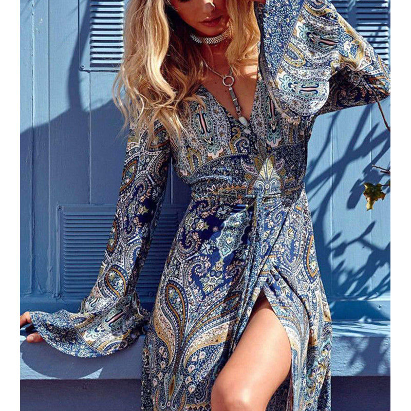 Thumbnail: Women Summer Dress Boho Style Long Maxi Floral v Neck High Split Beach ware