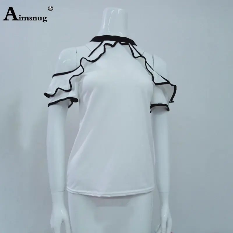 Thumbnail: Casual Top Ladies Sleeveless Stand Collar Shirt Ruffles Trim White T-Shirt