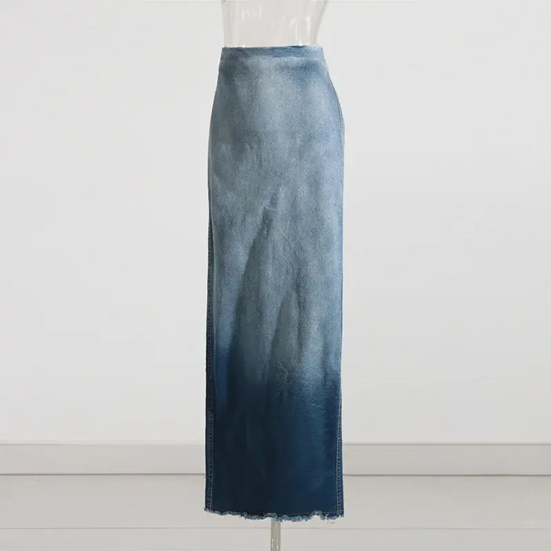 Thumbnail: Streetwear Block Gradient Washed Denim Jean Long Maxi Skirt Dress. Women