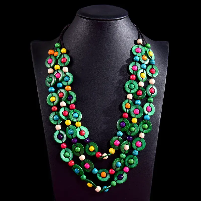 Thumbnail: Bohemia Ethnic Necklace & Pendant Multi-Layer Beads Wood Jewelry Vintage