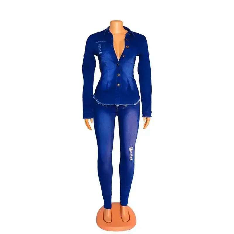 Thumbnail: 2 Piece Set Jeans Suit Women Blue Long Sleeve Jeans Jacket Long Pants Slim