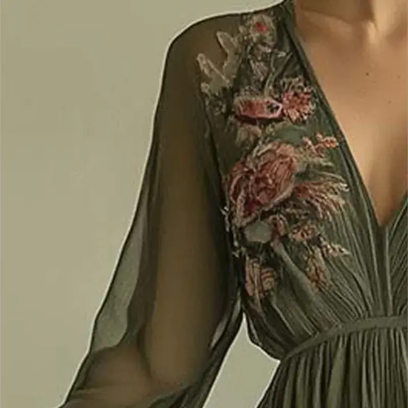 Thumbnail: Printed Long Sleeve Dress Women New Summer Sexy v Neck Pleated Long Robe