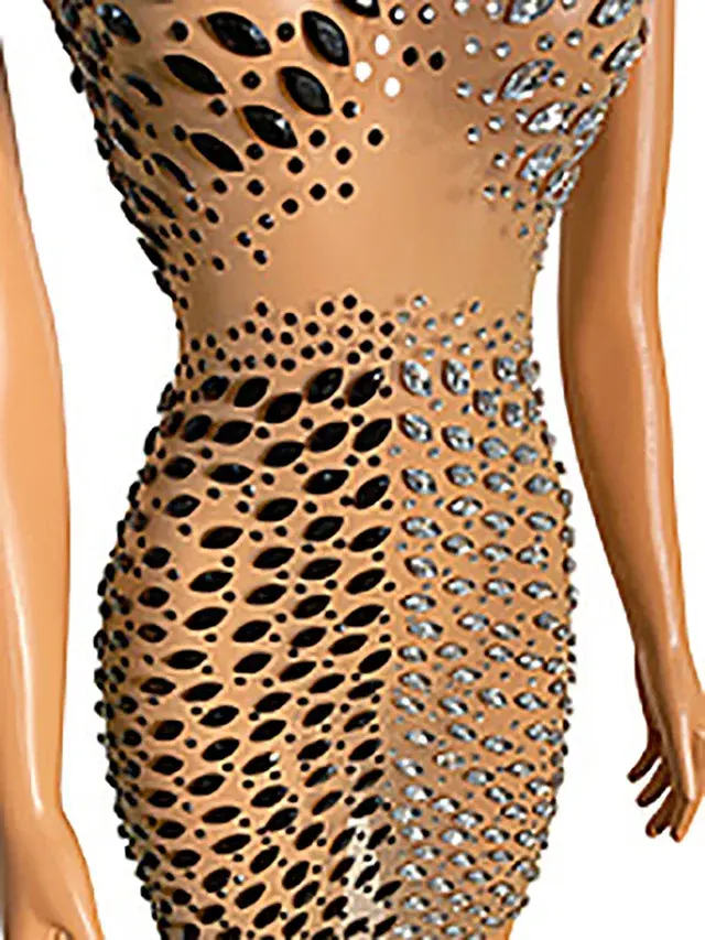 Thumbnail: Sleeveless Black Rhinestone Dress Women Lady Elegant Sexy Casual