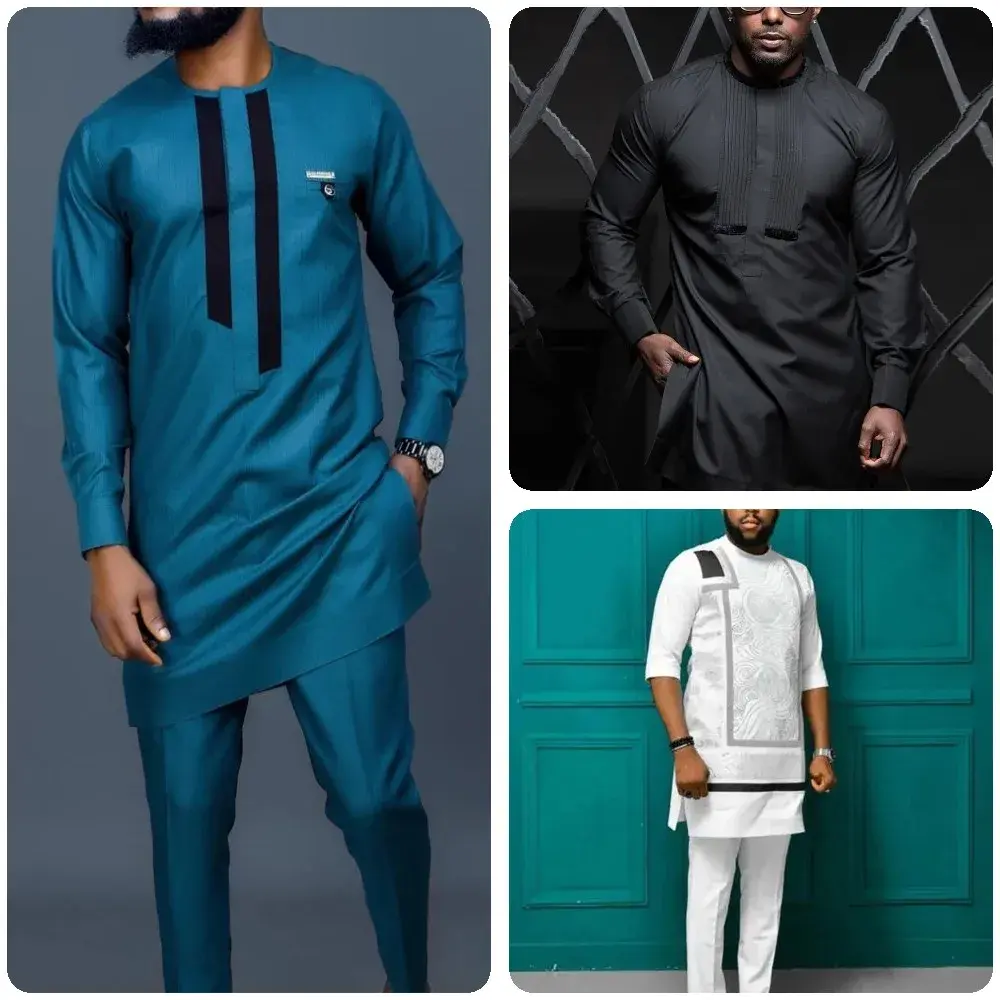 Black New African Clothing Dashiki Style Men's Plaid Shirts and Pants