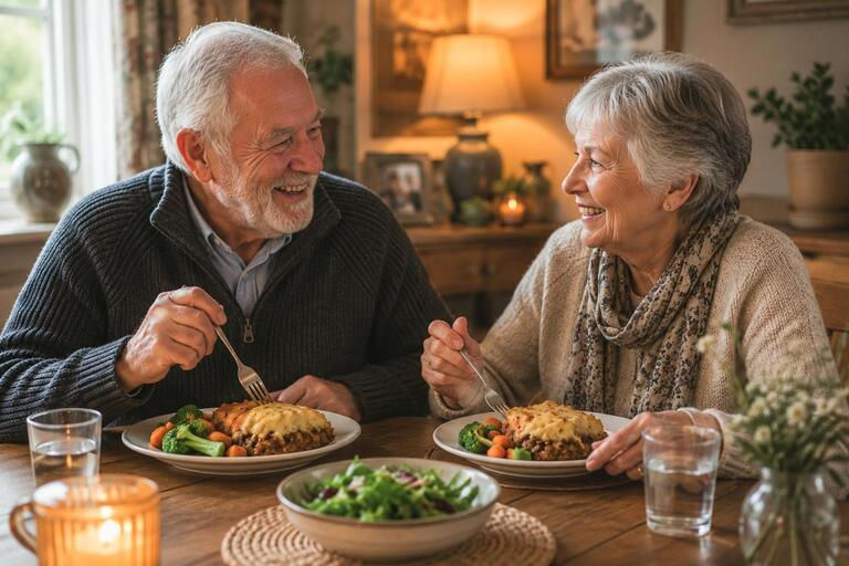 a senior couple enjoying a cozy meal
