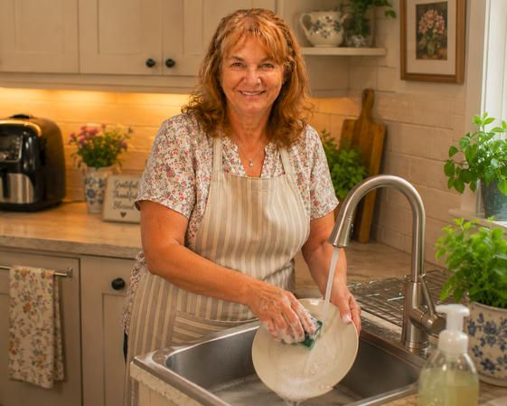 Granny Nora, the founder of Kitchen Granny, washing up dishes