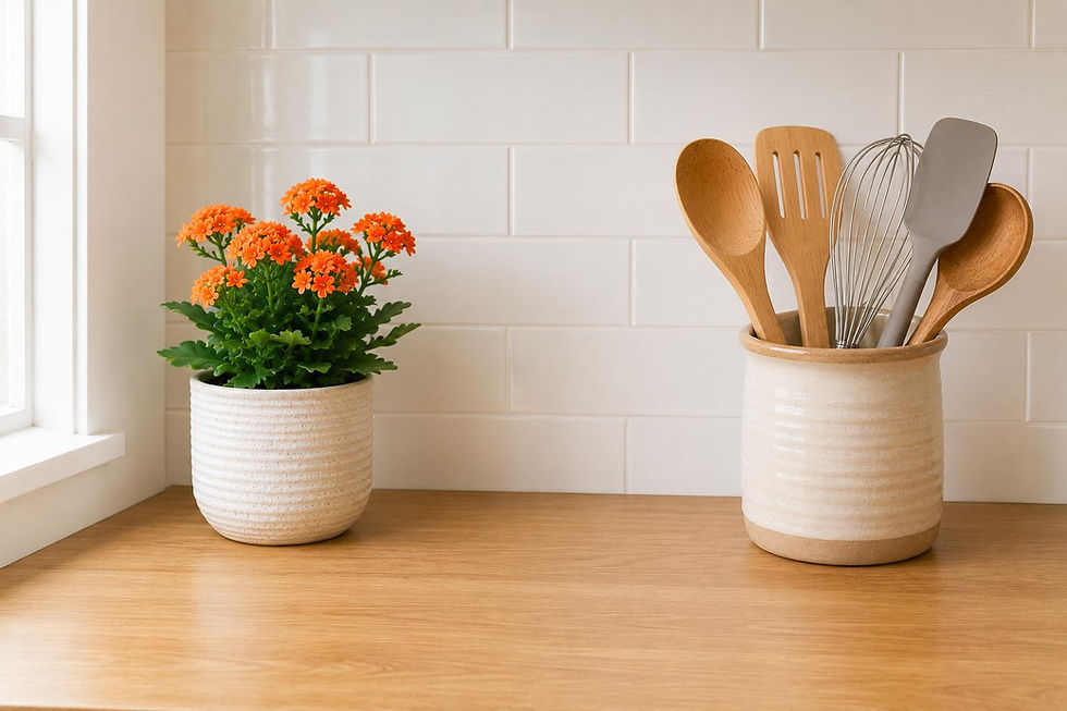 neat kitchen counter with pot plant and utensil holder