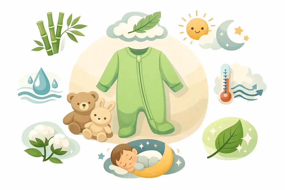 Illustration of bamboo baby sleepwear surrounded by symbols representing softness breathability and comfort