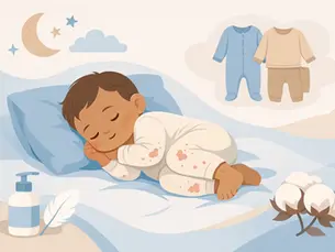 Illustration of a baby with sensitive skin sleeping beside soft baby clothing and natural fabric symbols