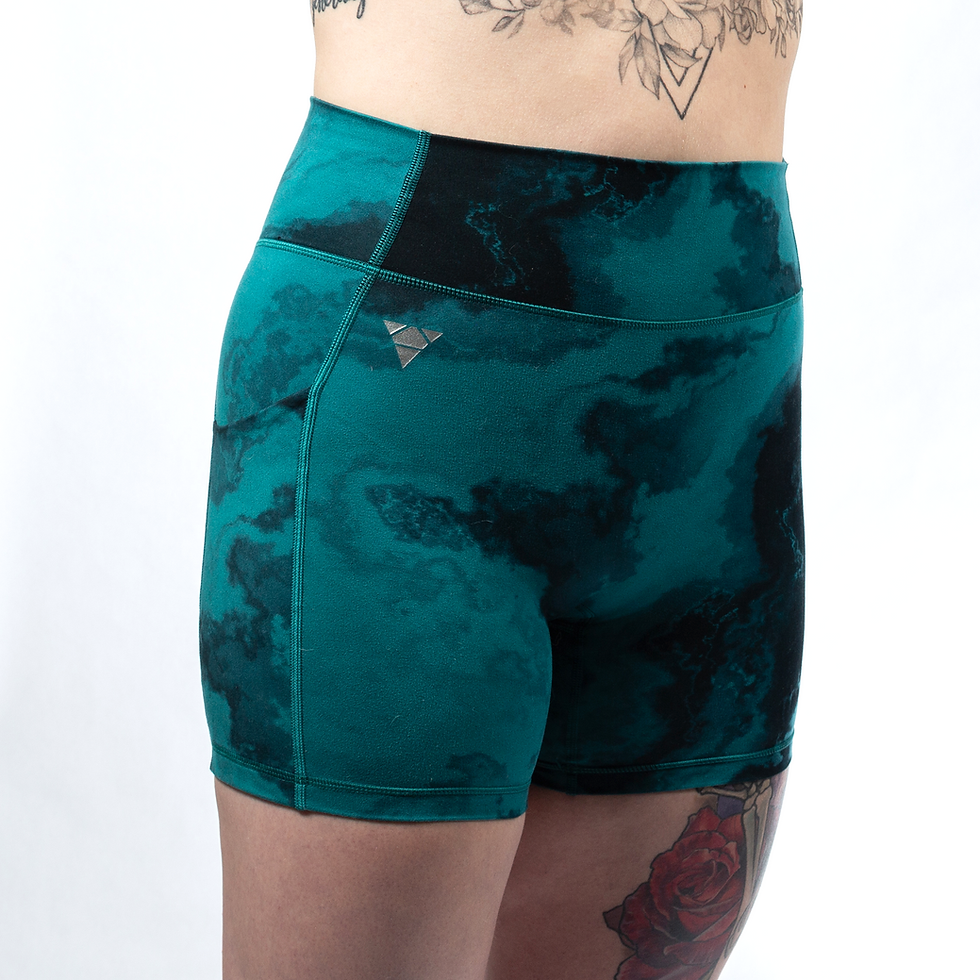 Thumbnail: Malachite inspired shorts with green/blue and black hues. Right angled view.