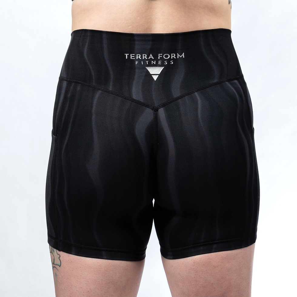 Thumbnail: Obsidian inspired shorts with gray and black hues. Back view.