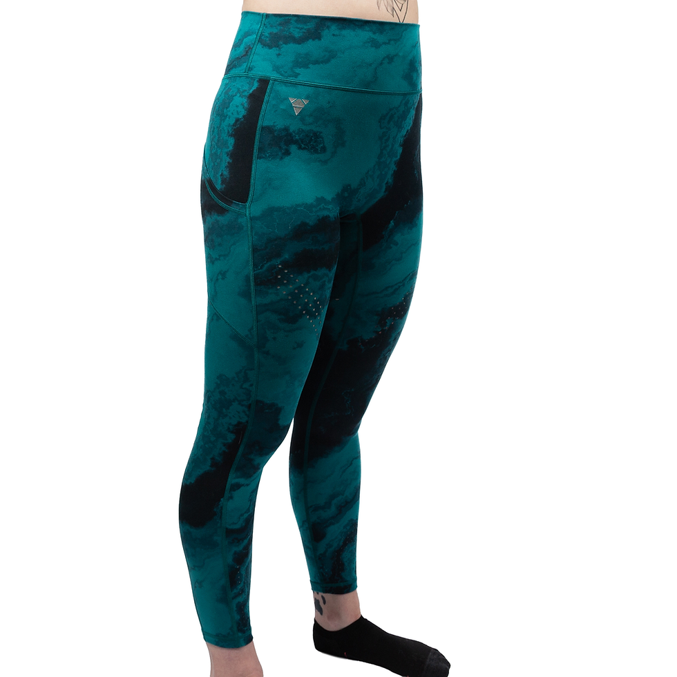 Thumbnail: Malachite inspired leggings with green/blue and black hues. Right angled view.