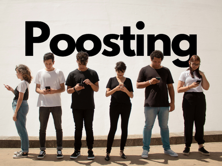 Jovens mexendo no celular com o logo da Poosting ao fundo