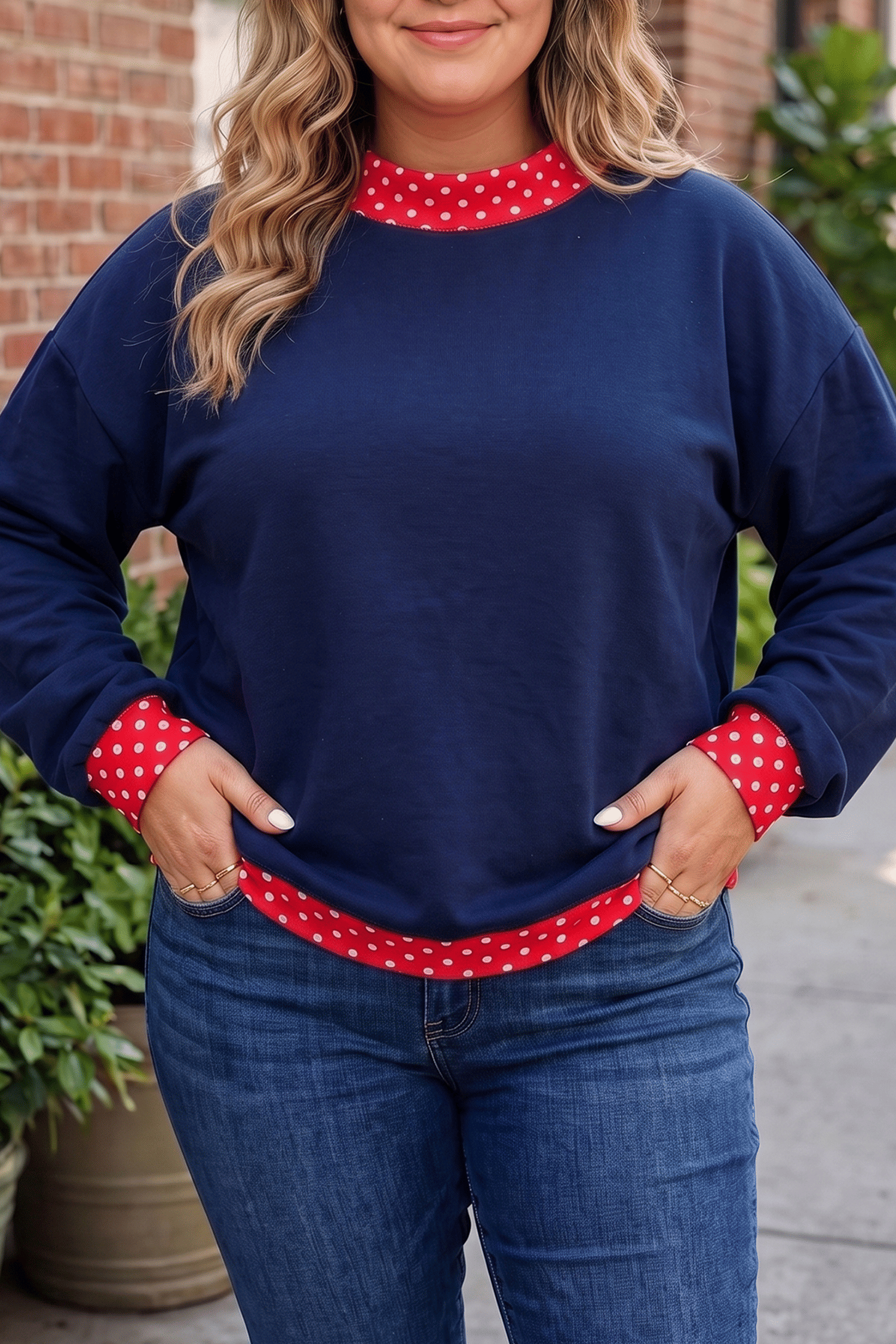 Women's Polka Dot Patchwork Round Neck Plus Size Sweatshirt Dirty Blue