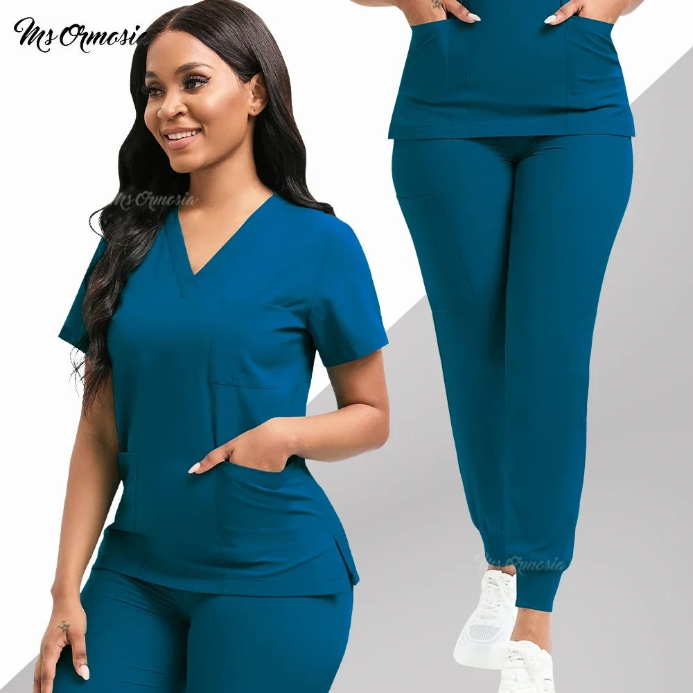 New Scrubs Set Medical Uniforms Stretch Scrub Tops With Pocket Pants Nurse Unif
