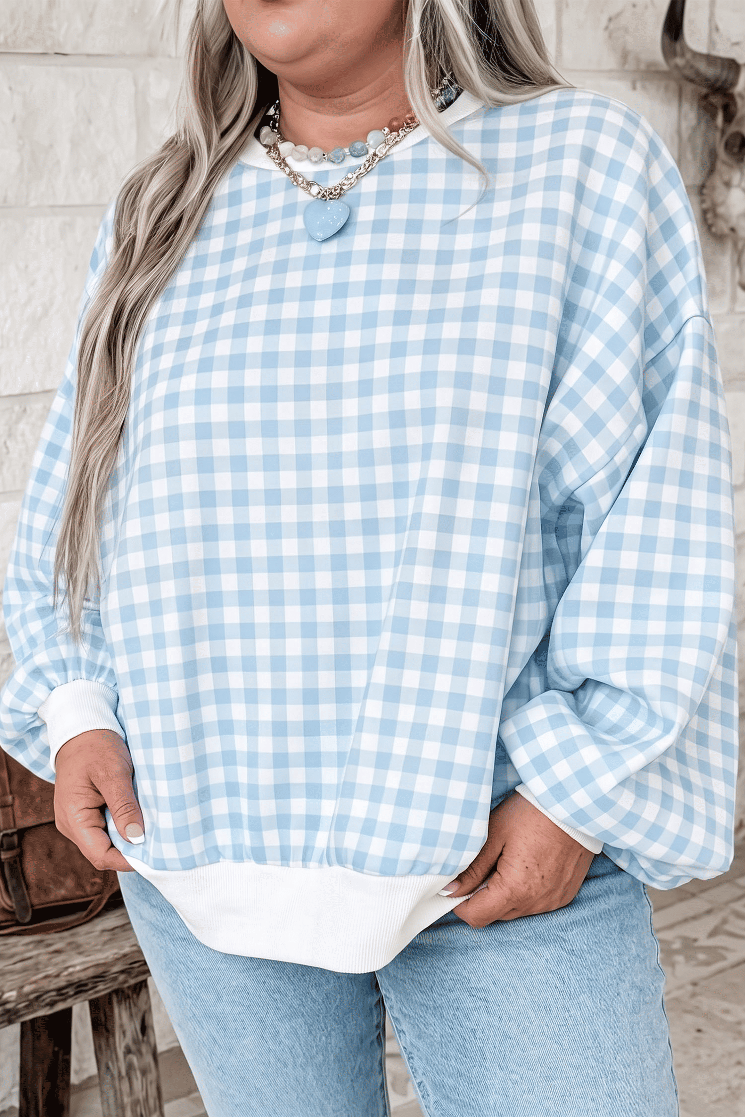 Women's Plaid Contrast Trim Plus Size Sweatshirt Light Blue