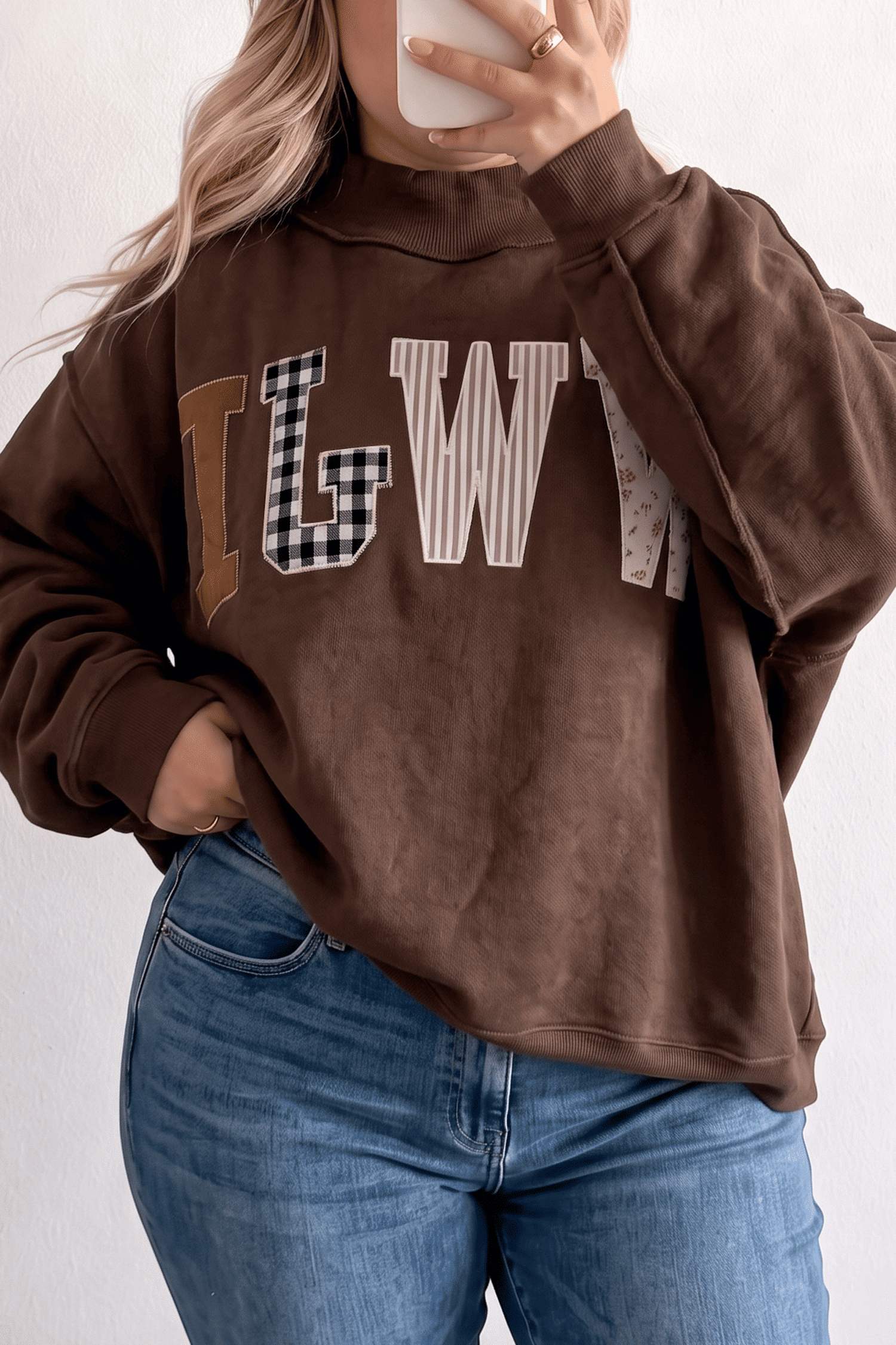 Women's WWJD Mix Pattern Graphic Loose Plus Size Sweatshirt Coffee