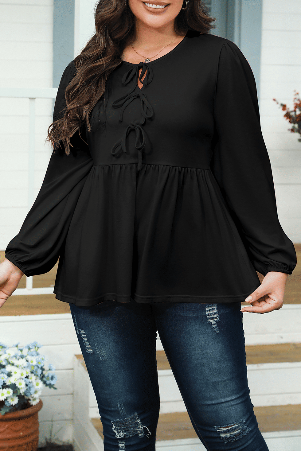 Women's Bow Tie Front Long Sleeve Peplum Blouse Black