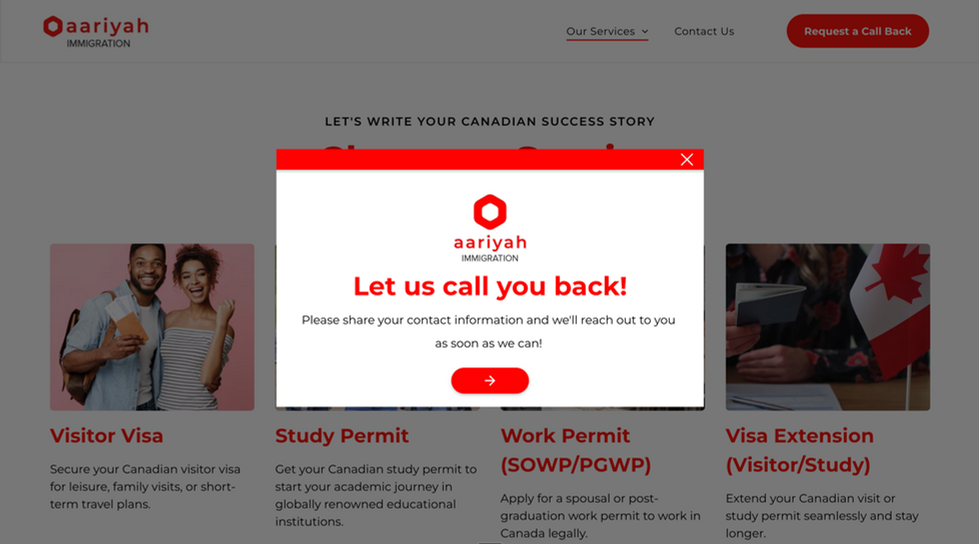 "Request a Call Back" modal (global CTA) — The second conversion path