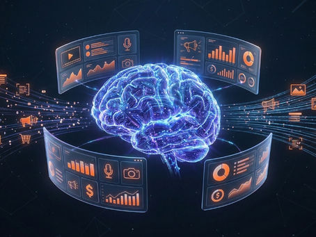 Cinematic illustration of an AI brain integrated into a digital advertising ecosystem with campaign panels and data signals flowing outward