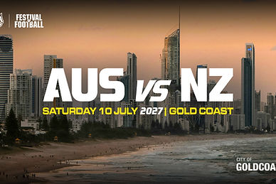 Festival of Football 2027 graphic showing “AUS vs NZ” in large white letters over a Gold Coast skyline at dusk, with “Saturday 10 July 2027 | Gold Coast” in yellow beneath. The AFA and Festival of Football logos sit top left, and the City of Gold Coast logo sits bottom right.