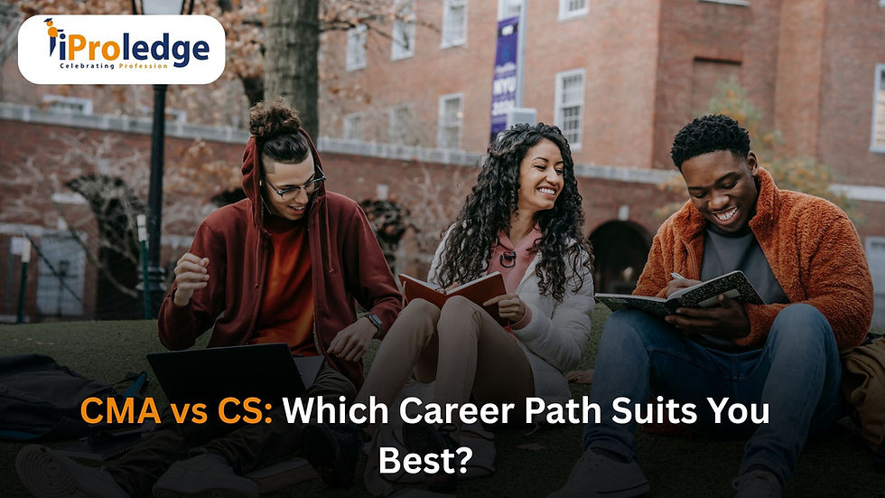 Three diverse college students sitting on campus, smiling and studying together with books and a laptop, discussing career options like CMA vs CS