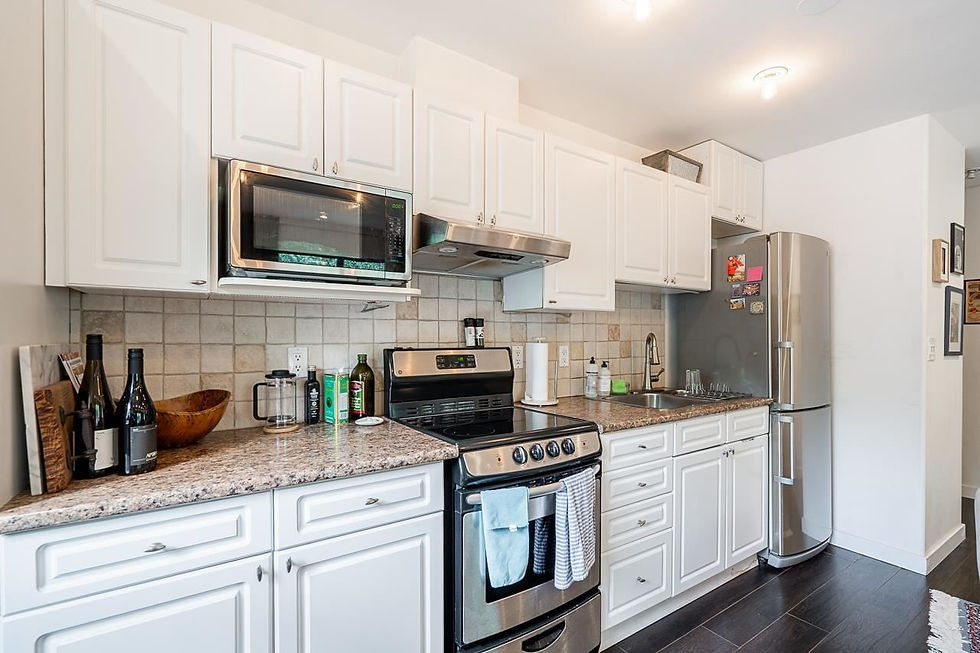 Updated kitchen with white cabinets and stainless appliances in Hastings Just Listed condo