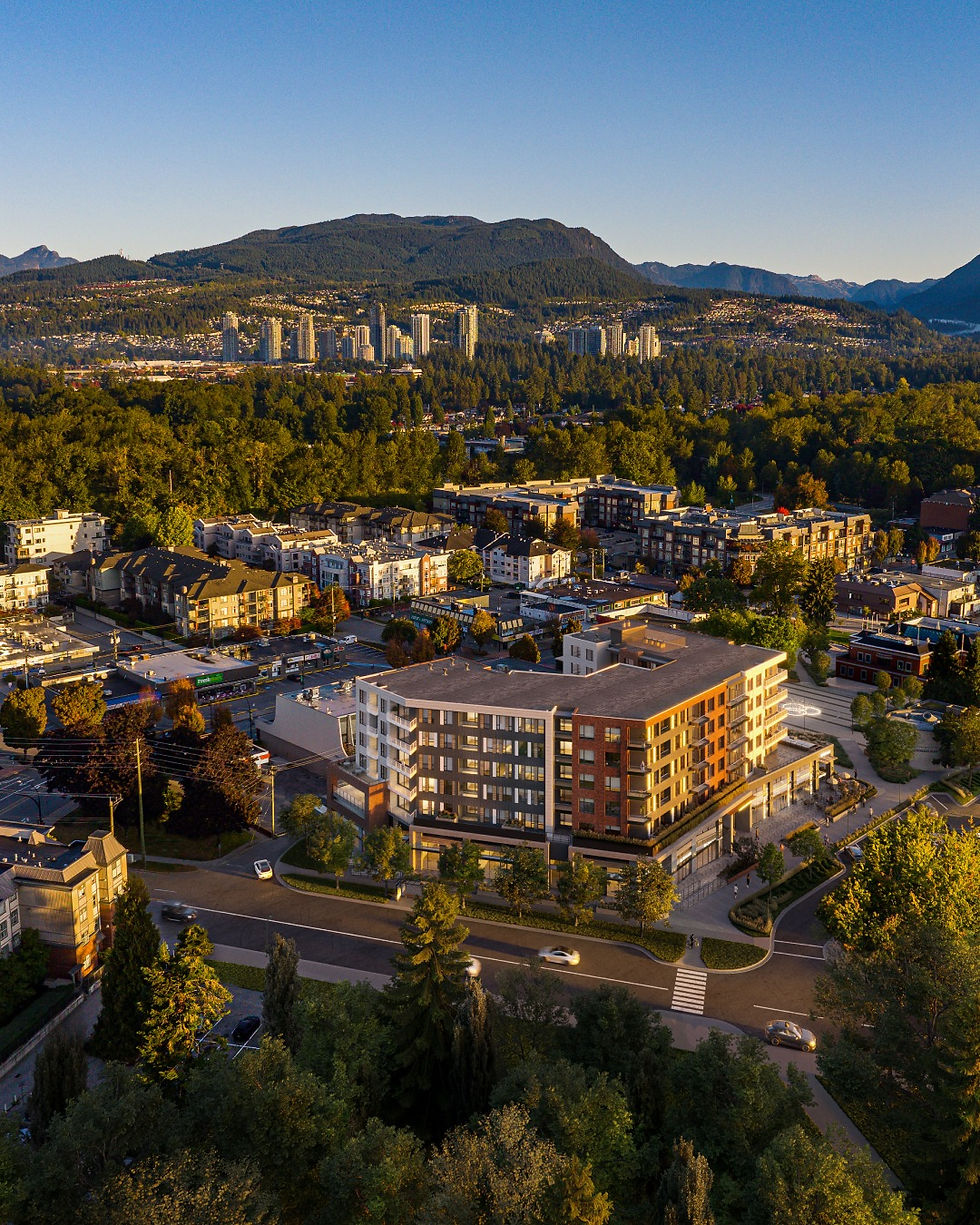 Aerial exterior of Porthaven at Leigh Square in downtown Port Coquitlam