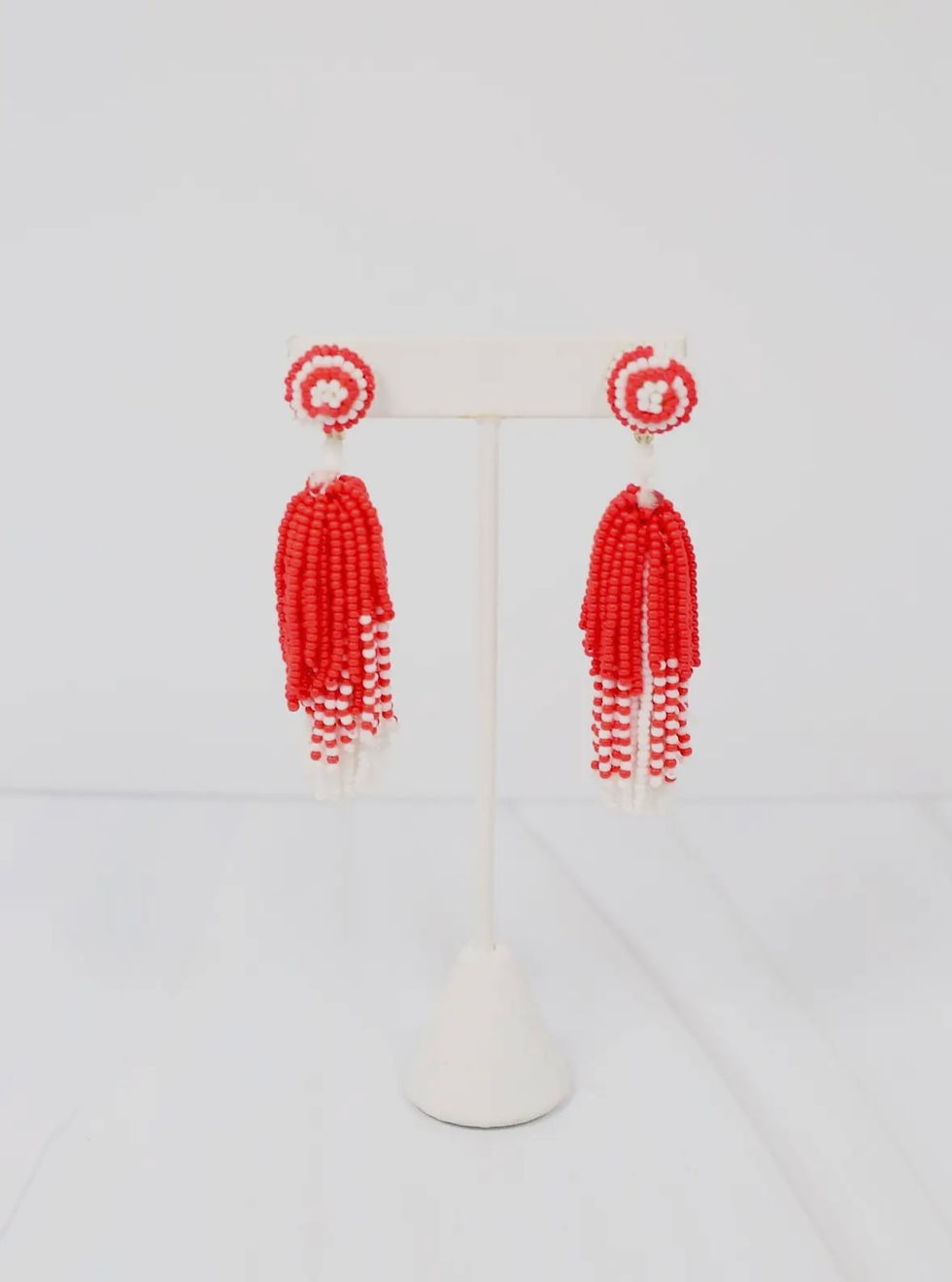 Thumbnail: Beaded Tassel Red/White Earrings 