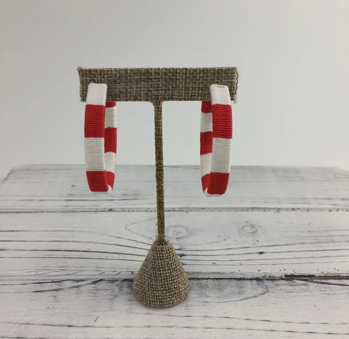 Red/White Threaded Hoop Earrings 