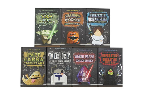 <ol> <li>Yoda ich bin! Alles ich weiß!</li> <li>Darth Paper schlägt zurück</li> <li>Star Wars Wookiee - Zwischen Himmel und Hölle </li> <li>Papp-Jabba greift an </li> <li>Prinzessin Origami-Leia - Rettung in Sicht!</li> <li>Imperator Gurkatine gibt Gas</li> <li>Falt2-D2s</li> </ol>