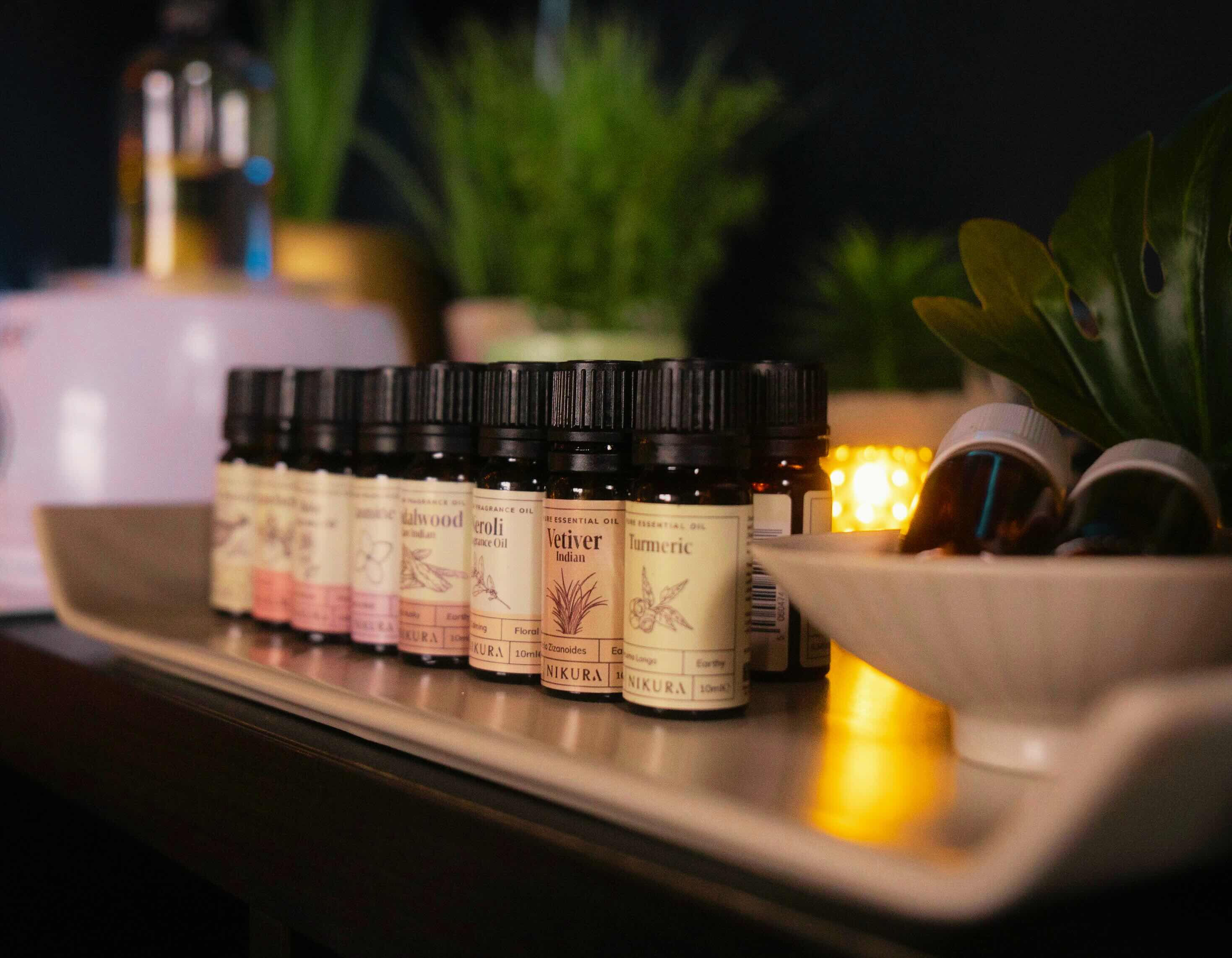 Aromatherapy essential oils at Indulge Massage Therapy Doncaster, used to enhance relaxation and wellbeing during luxury spa treatments.