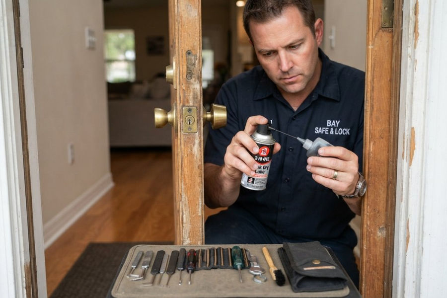Infographic demonstrating the process to fix residential lock breaks using lubricant and tools on a door cylinder