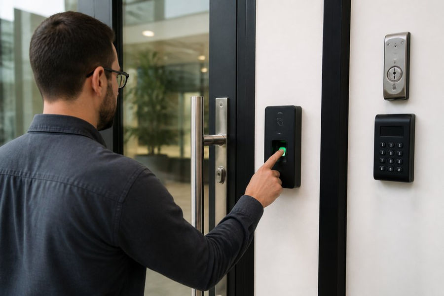 Security professional using biometric fingerprint reader at commercial building entrance, with electronic lock mechanism visible and access control panel mounted on wall, modern office setting with glass doors