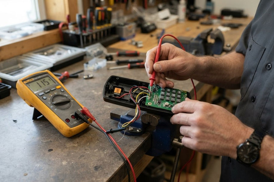 Hands using a digital multimeter to test continuity on the wiring harness and circuitry of an electronic keypad safe lock assembly, with the probe touching a terminal connection against a neutral background