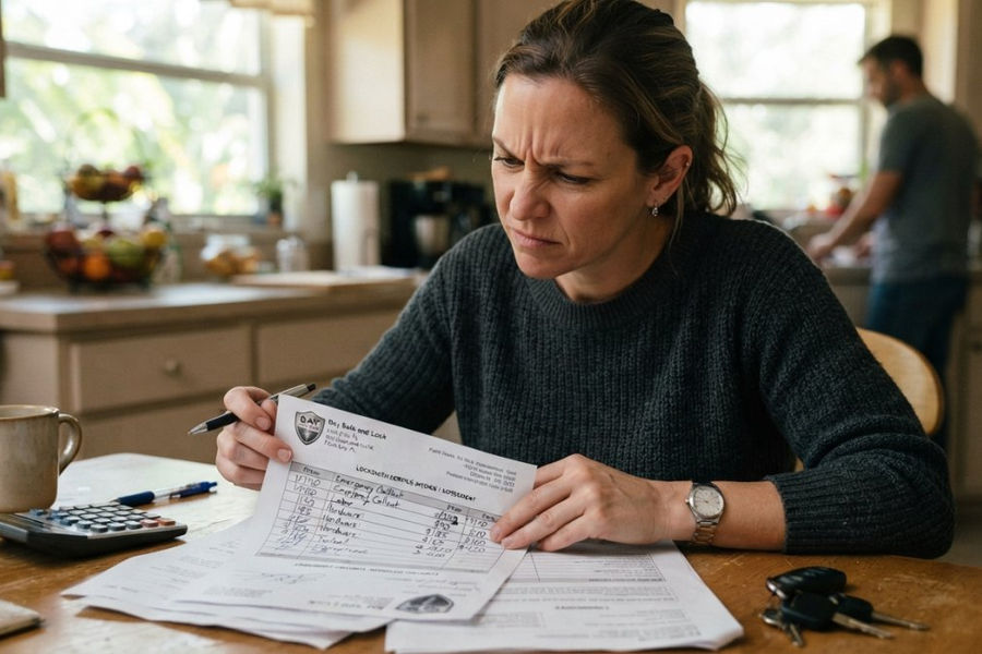 Close-up of a homeowner reviewing a locksmith invoice and contract at a kitchen table, examining paperwork with a skeptical expression