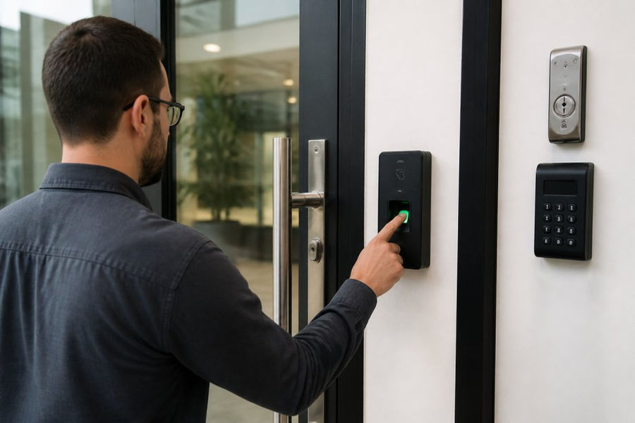 Security professional using biometric fingerprint reader at commercial building entrance, with electronic lock mechanism visible and access control panel mounted on wall, modern office setting with glass doors