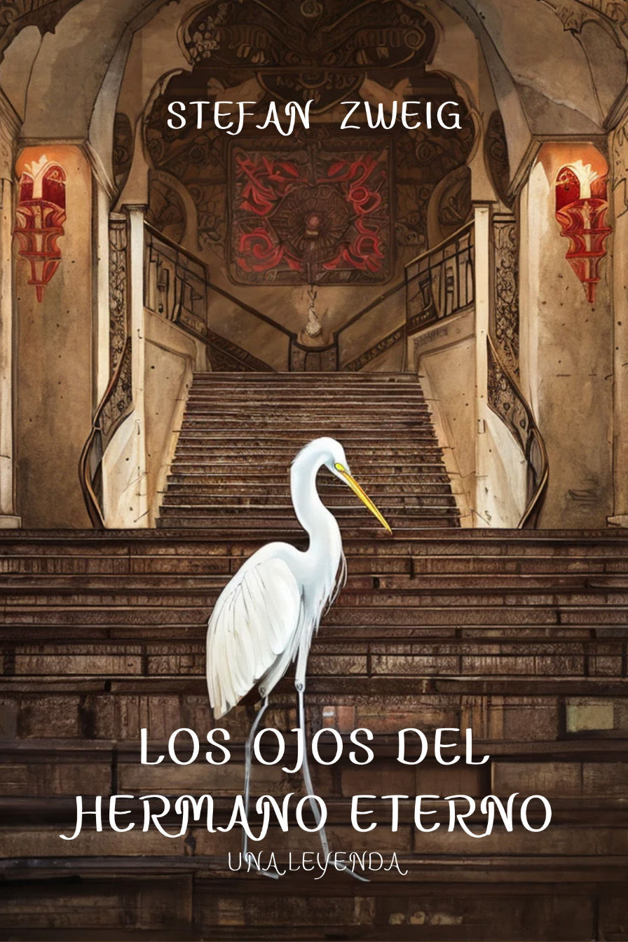 portada de los ojos del hermano eterno, una garza blanca en las escaleras de un palacio medieval indio
