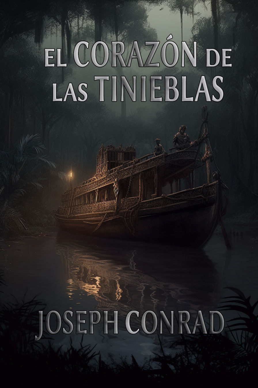 portada de el corazón de las tinieblas, un barco navegando por un río selvático de noche