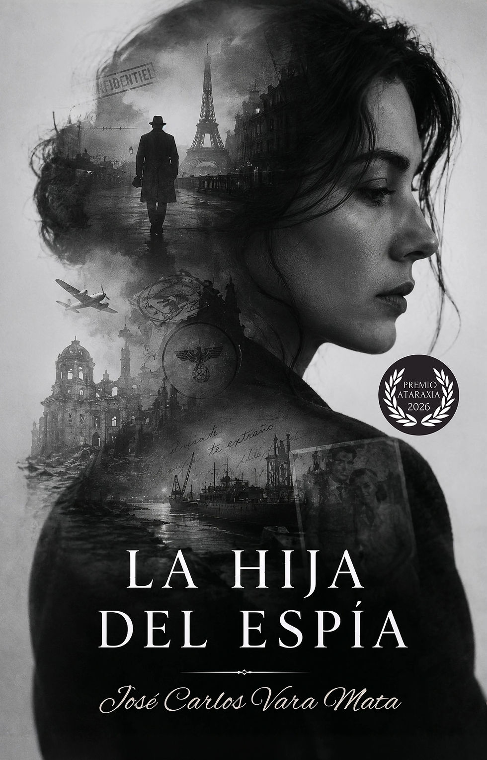 portada de la hija del espía con fotografía de mujer española en doble exposición con imágenes de parís, berlín y buenos aires junto al sello del premio ataraxia 2026