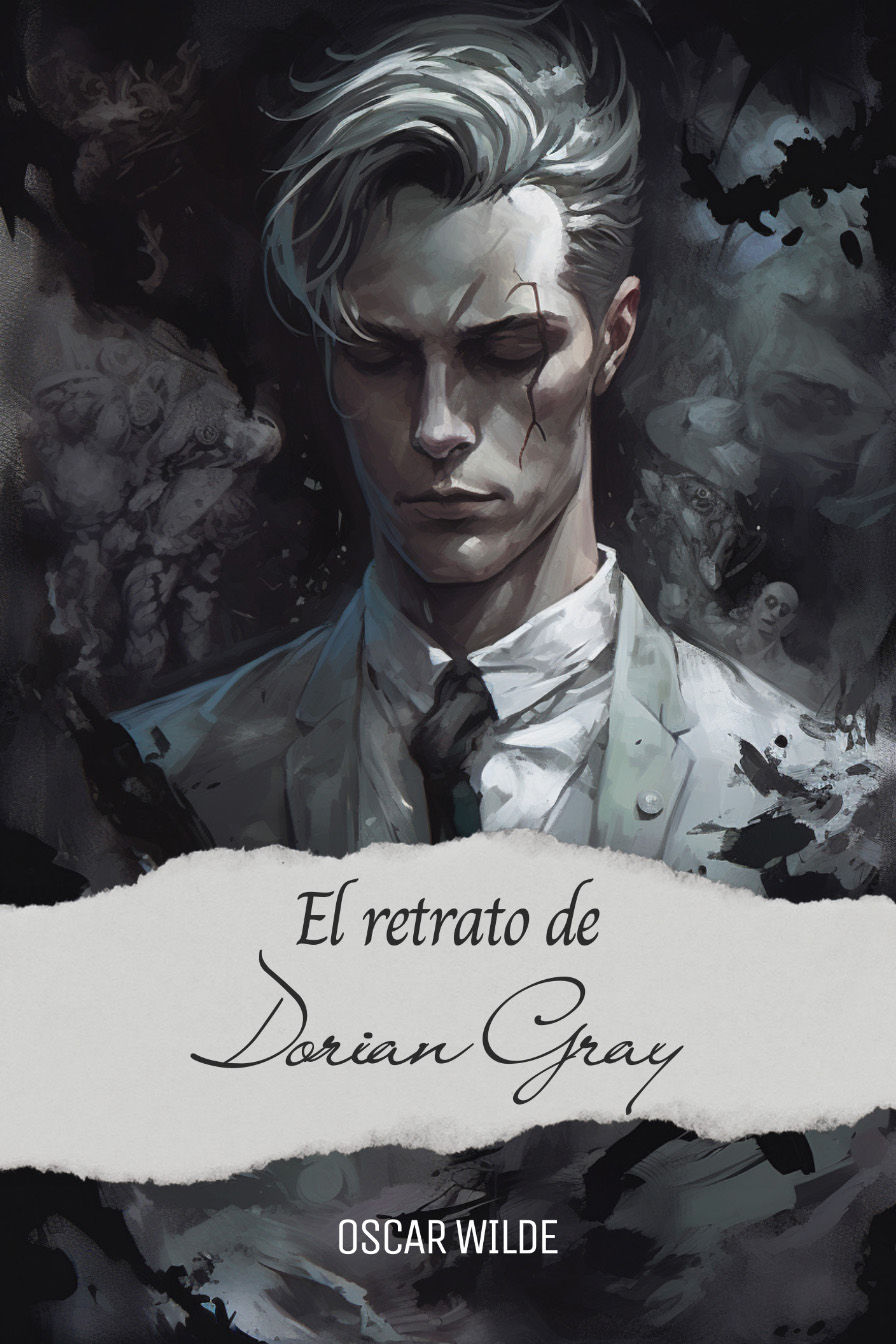 portada de el retrato de dorian gray, un hombre joven con cabello plateado y traje gris descomponiéndose en la oscuridad
