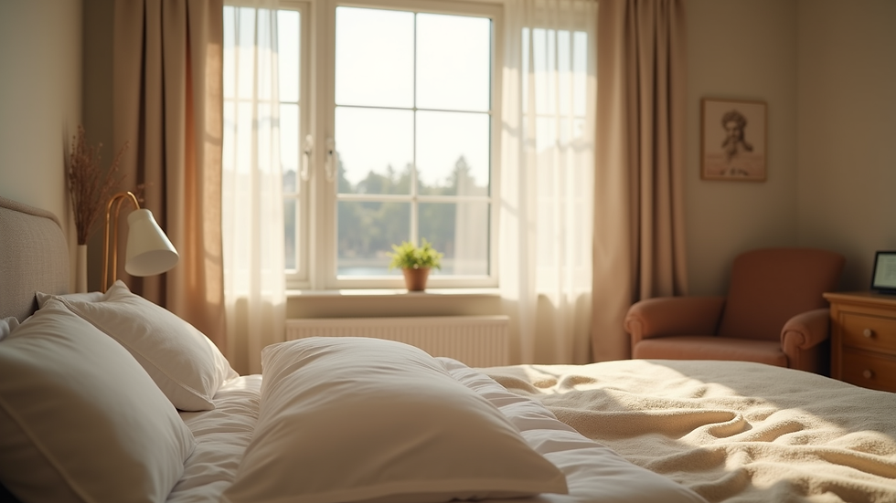 Eye-level view of a cozy bedroom with soft natural light and a comfortable resting area