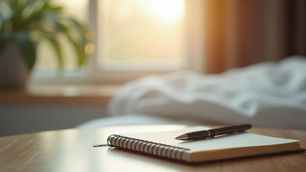 Close-up view of a journal and pen on a bedside table with soft morning light