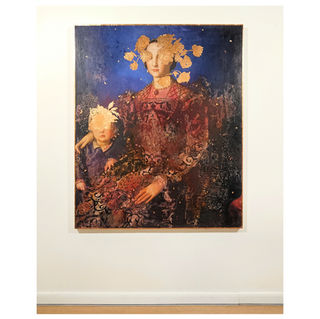 Oil portrait, fresco, antique painting, flowers, Simona Fedele artist, antique art, antiques, contemporary art, sacred art, gold leaf, copper leaf, silver leaf, made in Italy, Mixed media on antique print, pure pigments, silver leaf, from the Uffizi Gallery in Florence