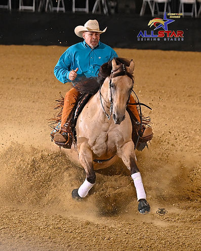 Buckskin reining horse stopping at All Star Reining Stakes competition