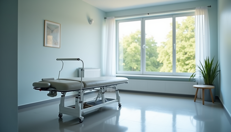 Eye-level view of a modern physiotherapy clinic treatment room with equipment and therapy table