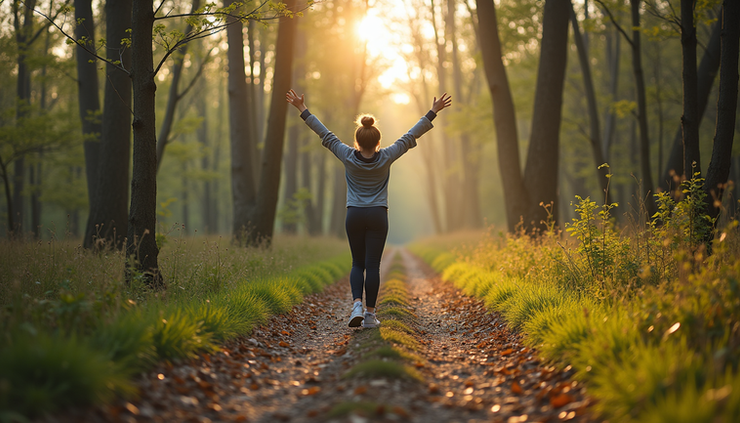 Eye-level view of a person stretching on a trail surrounded by spring greenery