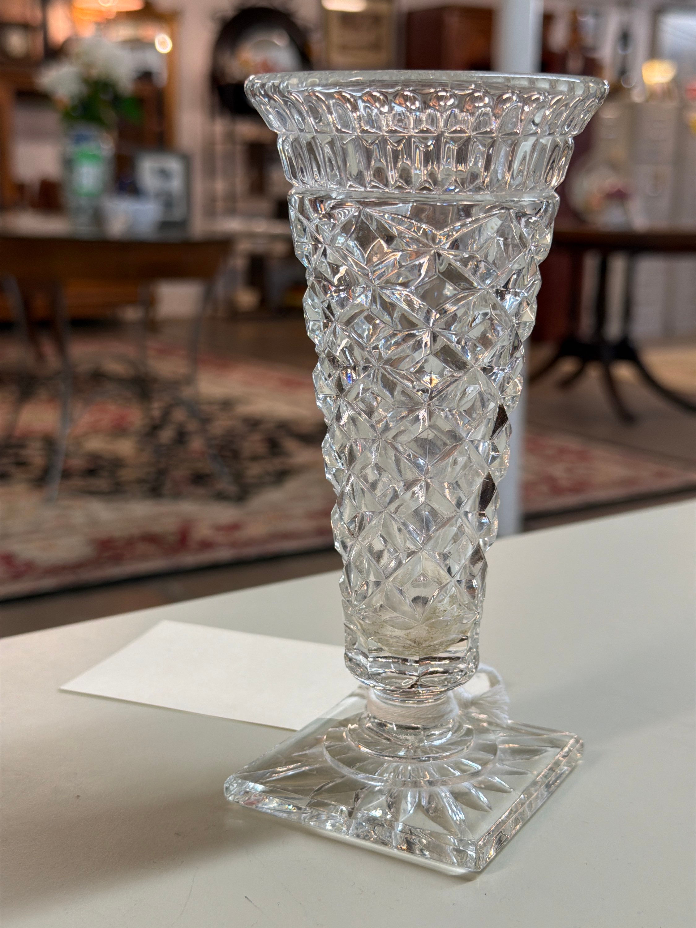 7" SQUARE FOOTED CRYSTAL VASE CIRCA 1900 EDWARDIAN